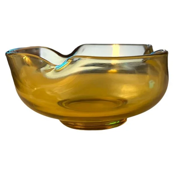 VTG Viking Rounded / Folded Edge Footed Trinket Dish Bowl MCM Amber Yellow Glass - Picture 3 of 7